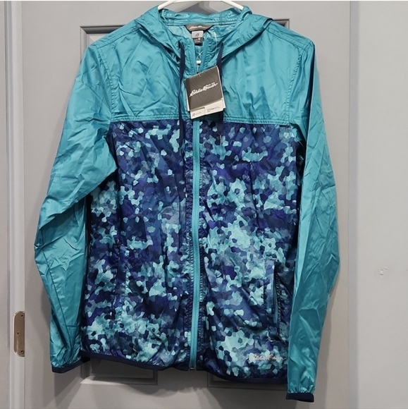 NWUT Eddie Bauer Momentum Teal Blue Green Geo Windbreaker Rain Jacket Hoodie XS - Picture 1 of 10